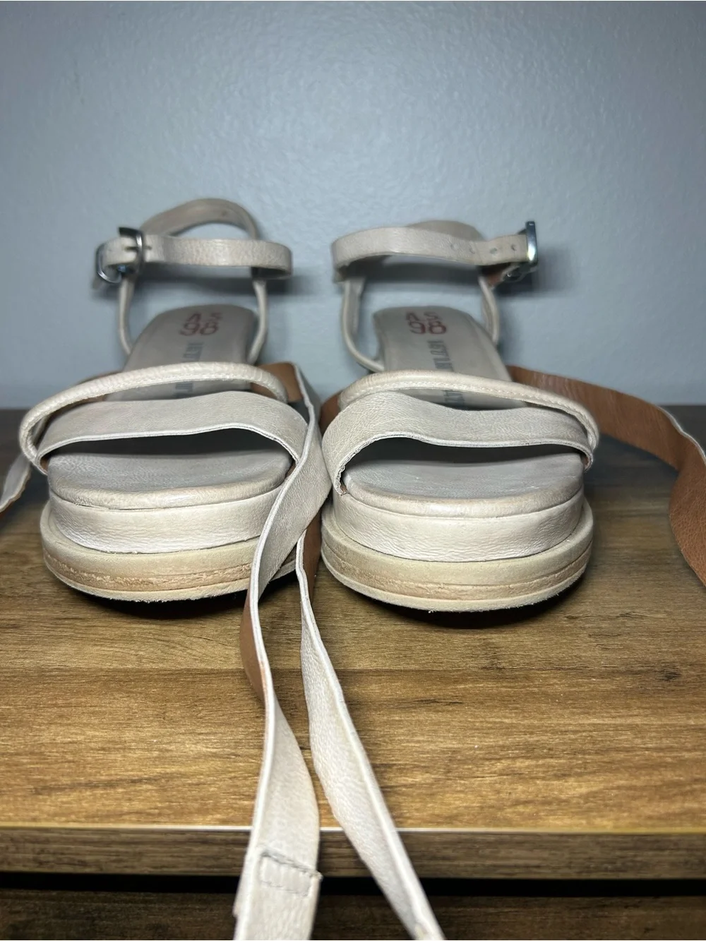 A.S.98 Neutral Beige Leather Strappy Ankle Tie Sandals